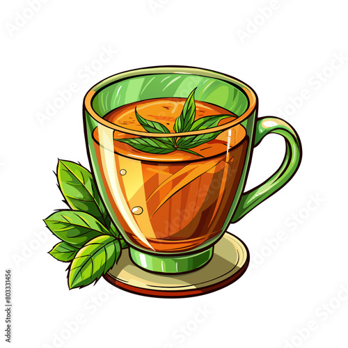 transparent teacup with tea and mint cartoon style on white