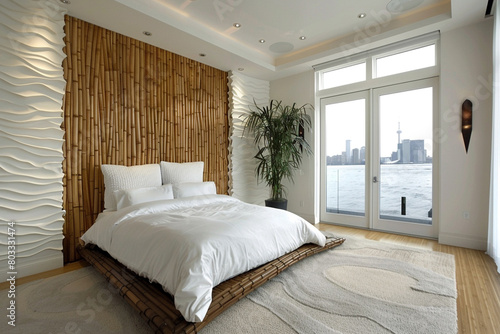 Contemporary white master bedroom with an organic design, featuring bamboo wall panels and a natural stone accent wall. © Aliya