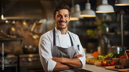 Portrait of a happy chef standing in a commercial kitchen