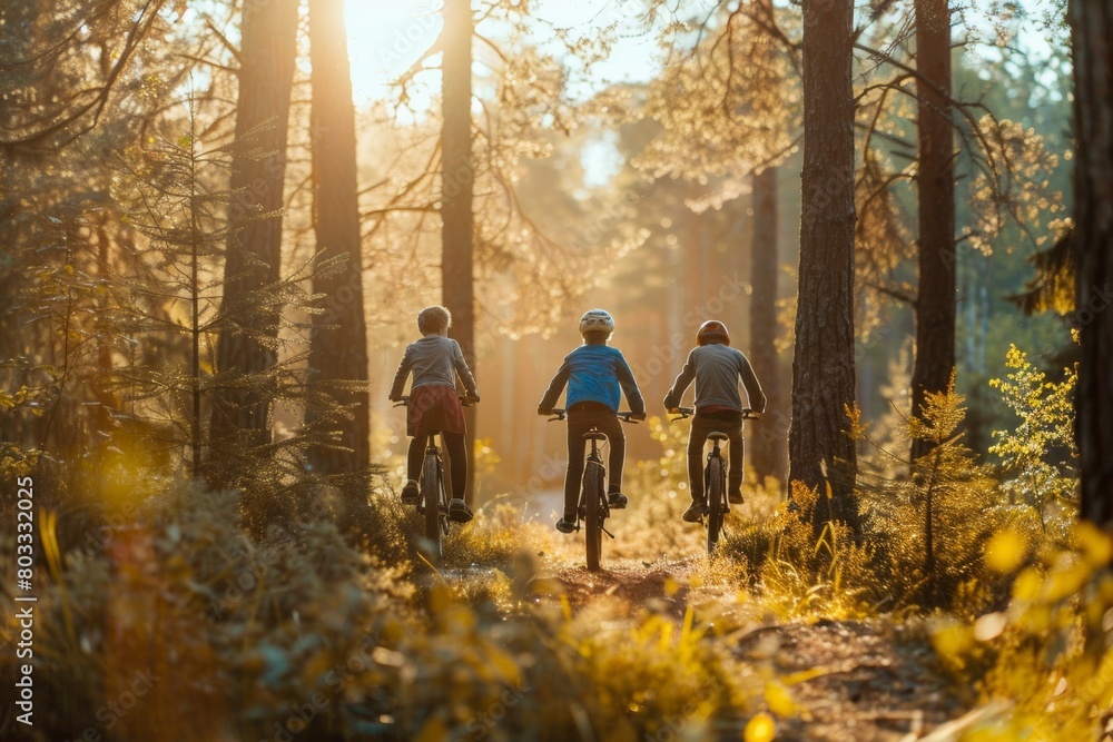 Fototapeta premium Three People Riding Bikes Through a Forest