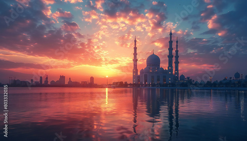 Recreation of a big mosque together a sea in a muslim city at sunset