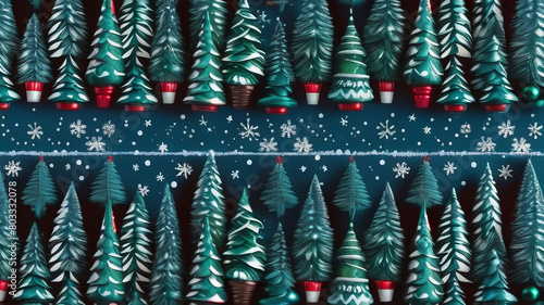 Festive Christmas pattern with decorated trees and snowflakes on a dark background