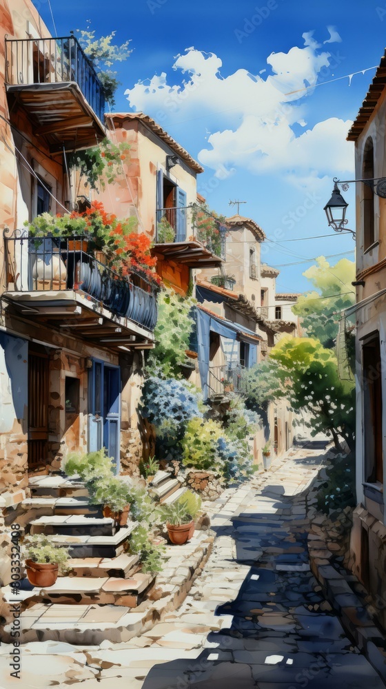 A narrow street in a small town with colorful houses and flowers