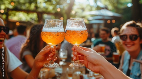 Friends toasting with beer glasses at a restaurant