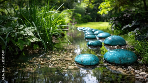 Garden with stones in a row on the water in the garden