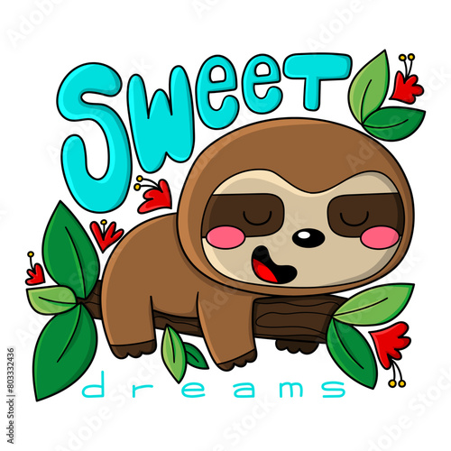 Illustration of a cute sloth bear sleeping on a branch with leaves and flowers and the phrase sweet dreams, graphic design for t-shirt