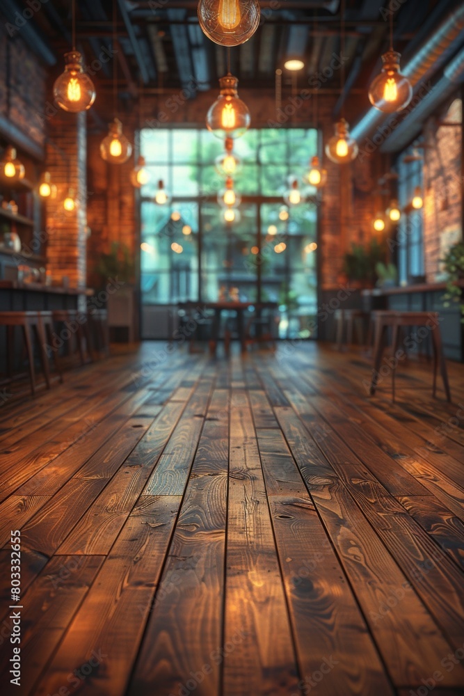 A large room with a wooden floor and lots of lights, AI