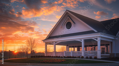Dramatic sunset hues over a newly built clubhouse with a white porch and gable roof, featuring a semi-circle window. photo