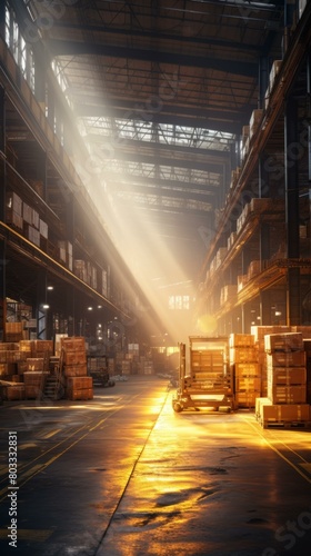 A large warehouse with a high ceiling and many shelves