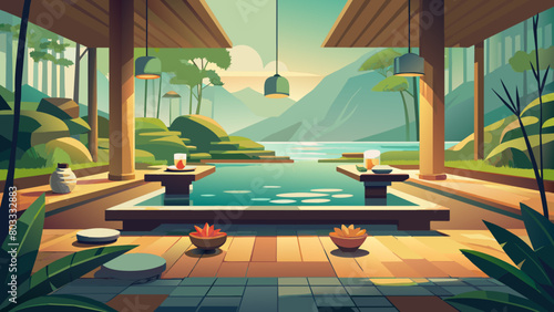 A serene spa retreat nestled in the tranquil embrace of majestic mountains. Enjoy a blissful escape surrounded by nature's beauty.