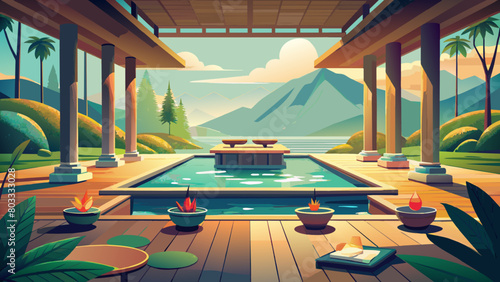 A serene spa retreat nestled in the tranquil embrace of majestic mountains. Enjoy a blissful escape surrounded by nature's beauty.