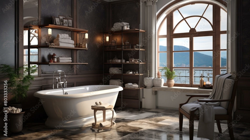 3d rendering of a bathroom interior with a large window overlooking a lake