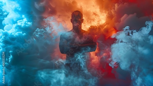 Man standing in smoke cloud arms crossed faceless symbolizing opioid addiction. Concept Drug Addiction Representation, Smoke Cloud, Symbolic Imagery, Substance Abuse Awareness, Visual Metaphor photo