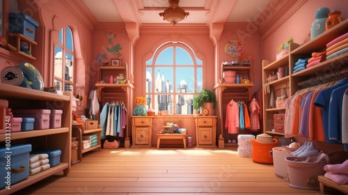 A beautiful pink and white room with lots of clothes and toys © duyina1990