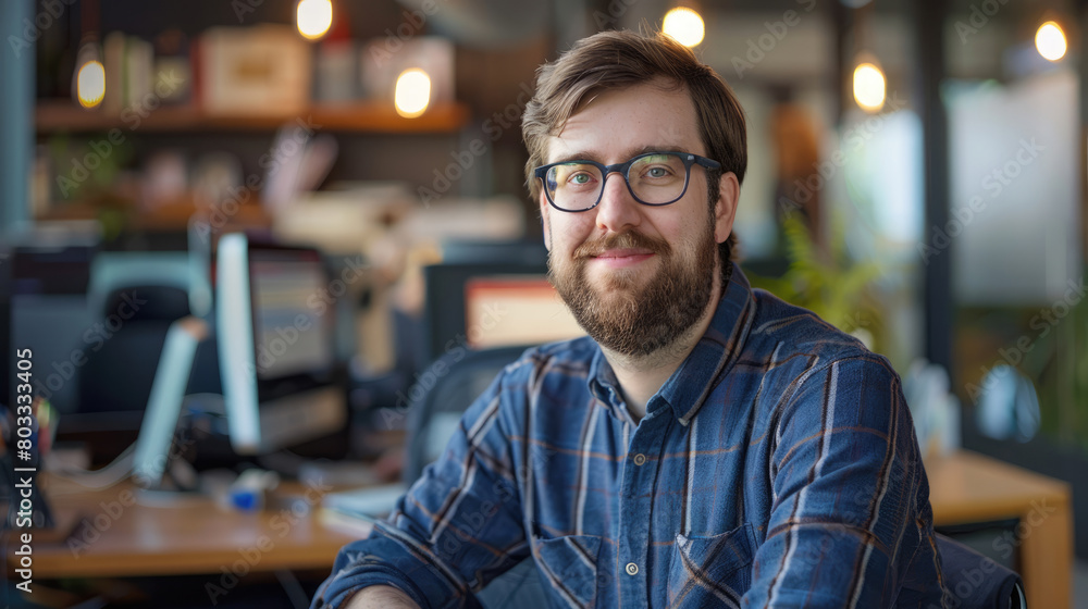 Portrait of a happy programmer. Software architect man portrait in the office Portrait of a happy programmer. Software architect man portrait in the office
