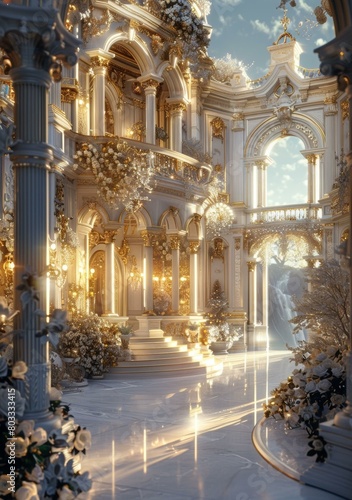ornate white and gold palace interior with marble floors and columns