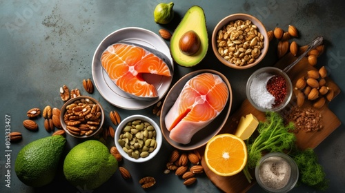 A variety of healthy food including fish  avocado  nuts  and seeds