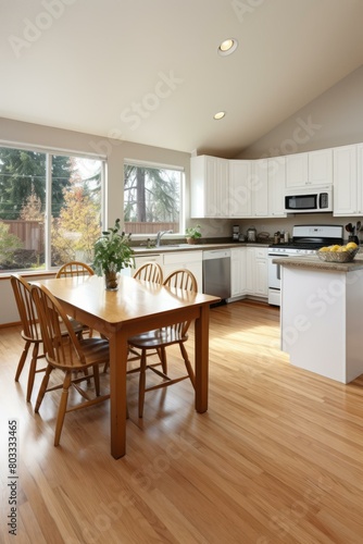 Kitchen with white cabinets and wood dining table