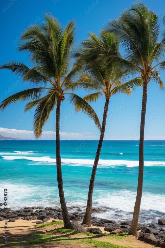 Three palm trees on a beach with blue sea and white waves crashing on the shore