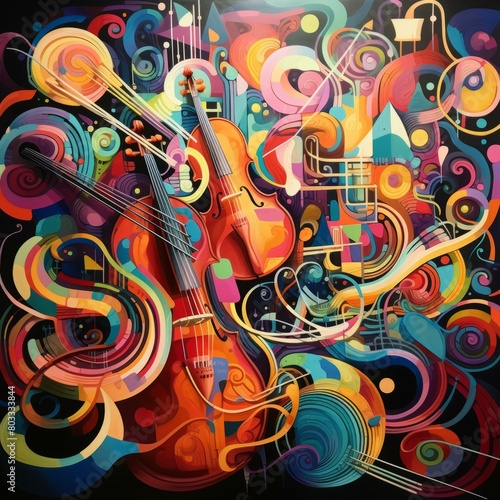 Colorful abstract painting of violins and trumpets with bright colors