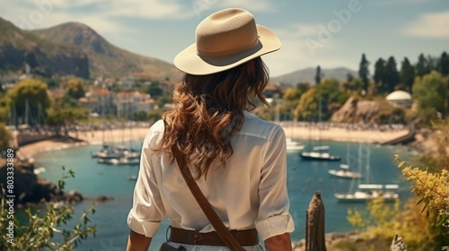 woman in white shirt and brown hat looking at the sea photo