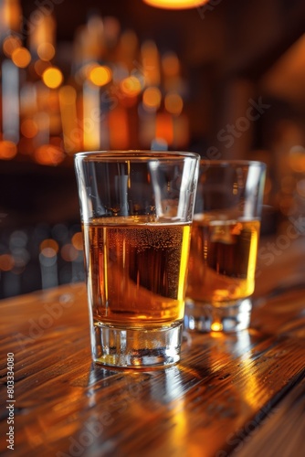 Two glasses of alcohol on a wooden bar with lights, AI