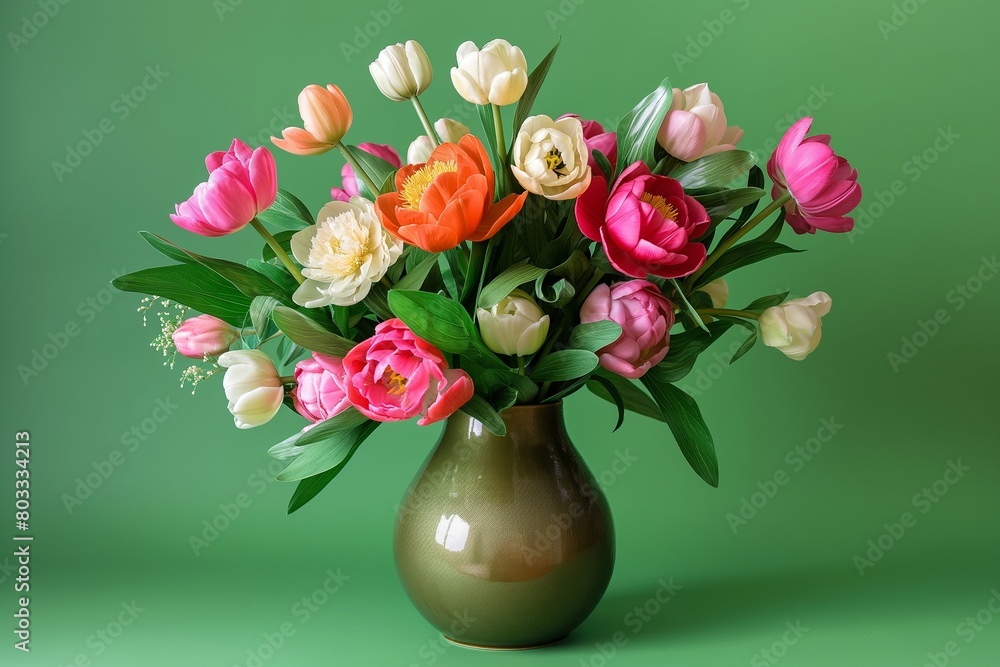 A glossy, ceramic vase filled with a bouquet of fresh, vibrant flowers, including peonies, tulips, and freesias, set against a solid green background. 