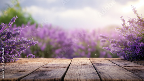 lavender field landscape with wooden table