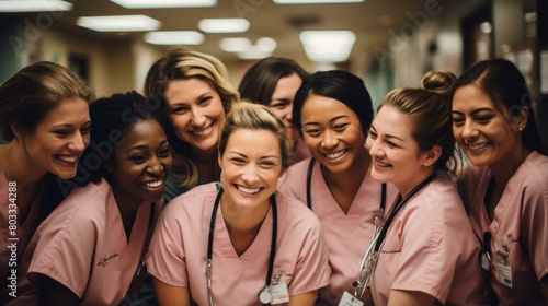 Wallpaper Mural A group of diverse female nurses smiling and laughing together in a hospital hallway Torontodigital.ca