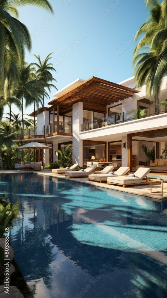 A stunning modern villa with a pool and palm trees