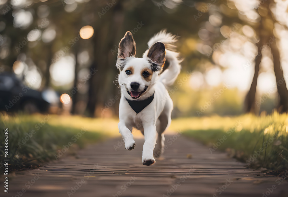 A joyful dog running towards the camera on a sunlit path lined with trees, ears flapping in the breeze. International Dog Day.