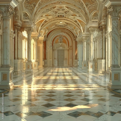 ornate hallway with marble floor and columns