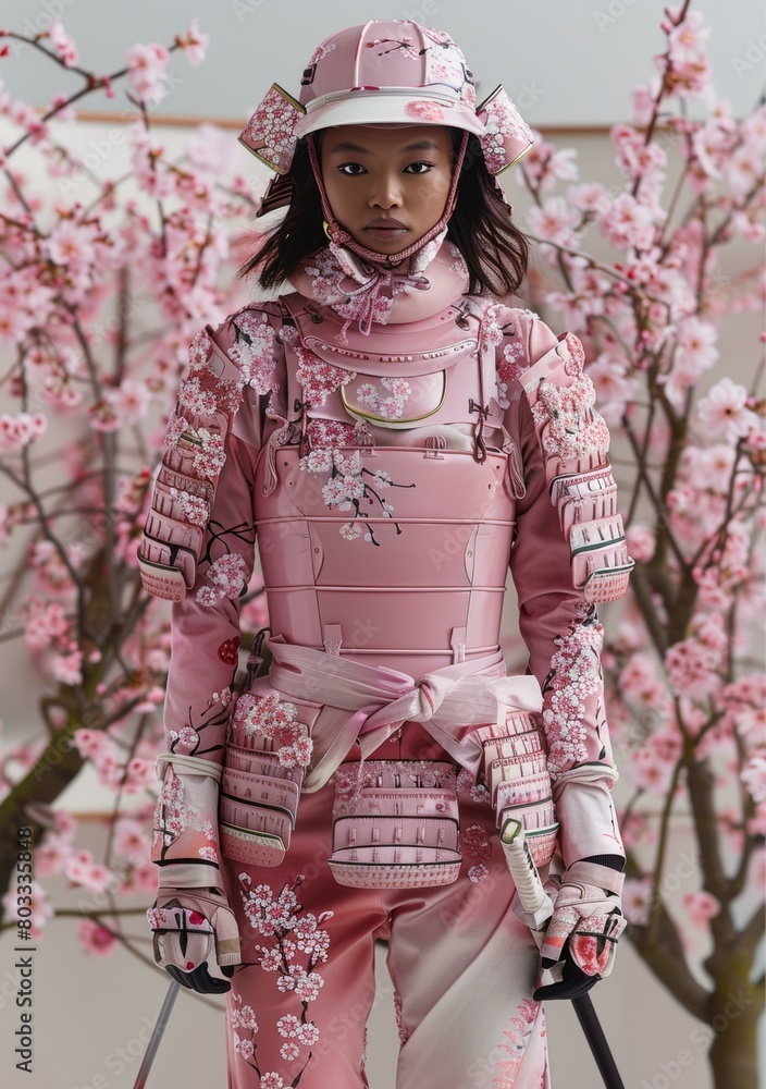 A woman wearing a pink samurai armor with cherry blossom patterns