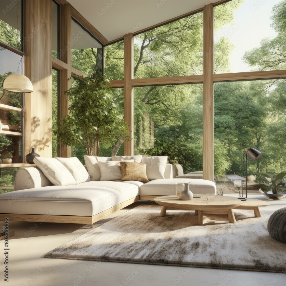 The minimalist living room is full of sunlight and greenery