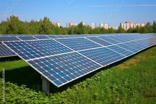 A large solar farm in a field with a city in the background