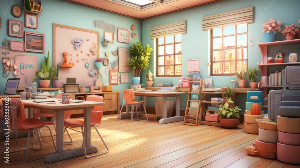 A classroom with pink and blue walls and a lot of plants
