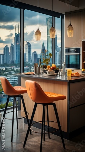 Modern kitchen with a view of the city