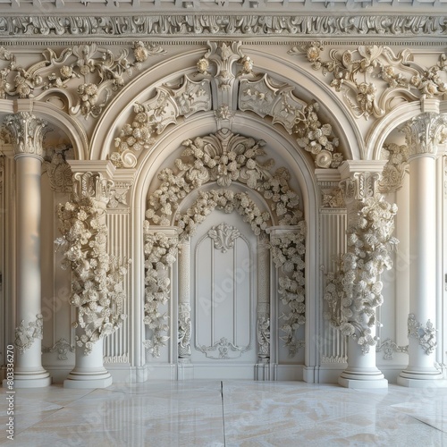 ornate white marble wall with columns and floral sculptures