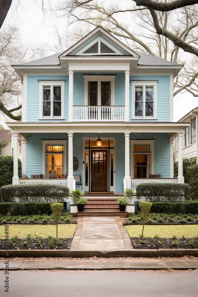 Charming blue house with inviting front porch