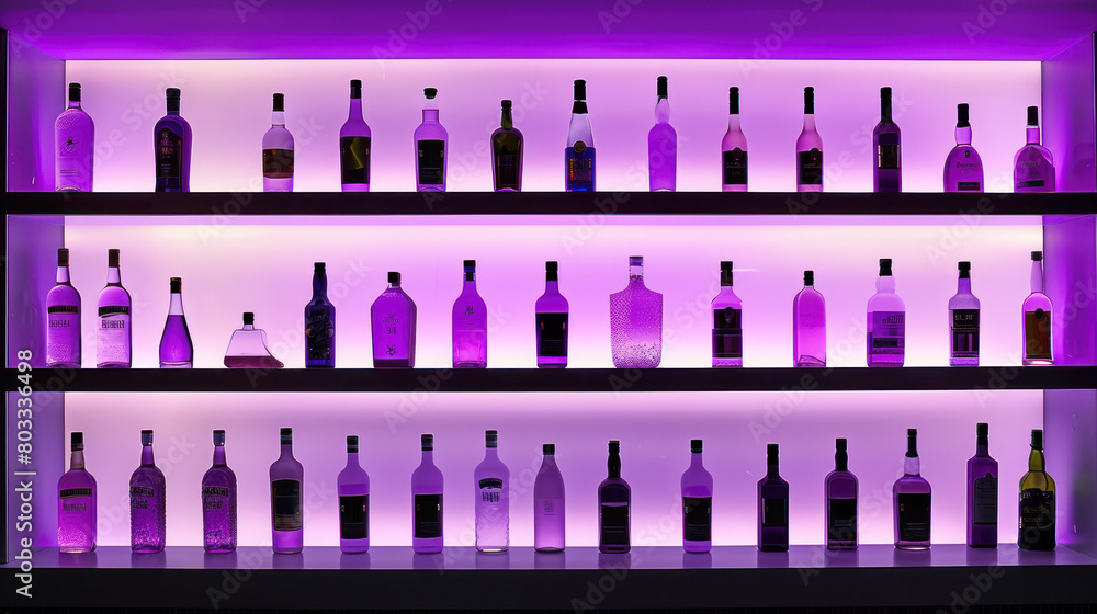 Violet bottles of alcohol in bar, restaurant or liquor store Violet bottles of alcohol in bar, restaurant or liquor store