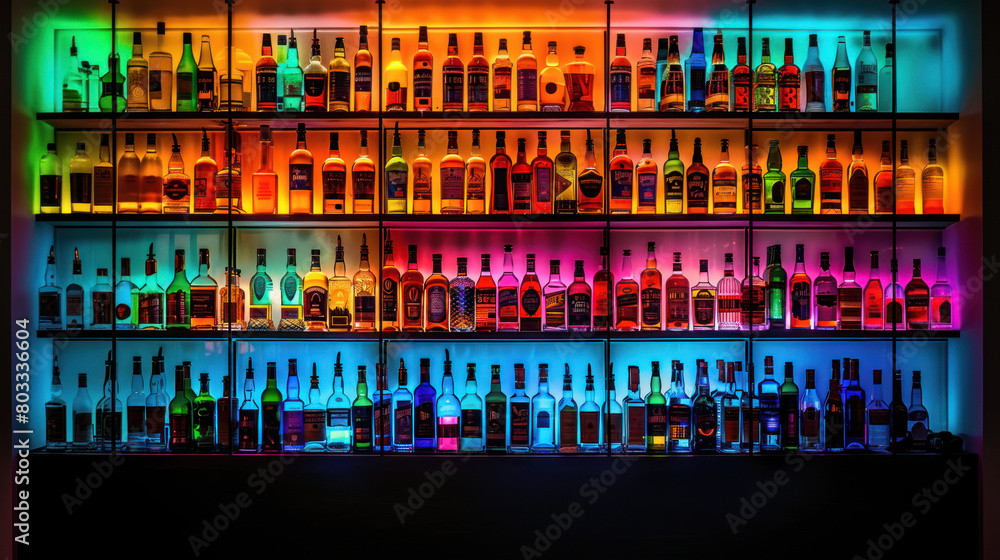 Multi-colored bottles of alcohol in bar, restaurant or liquor store Multi-colored bottles of alcohol in bar, restaurant or liquor store