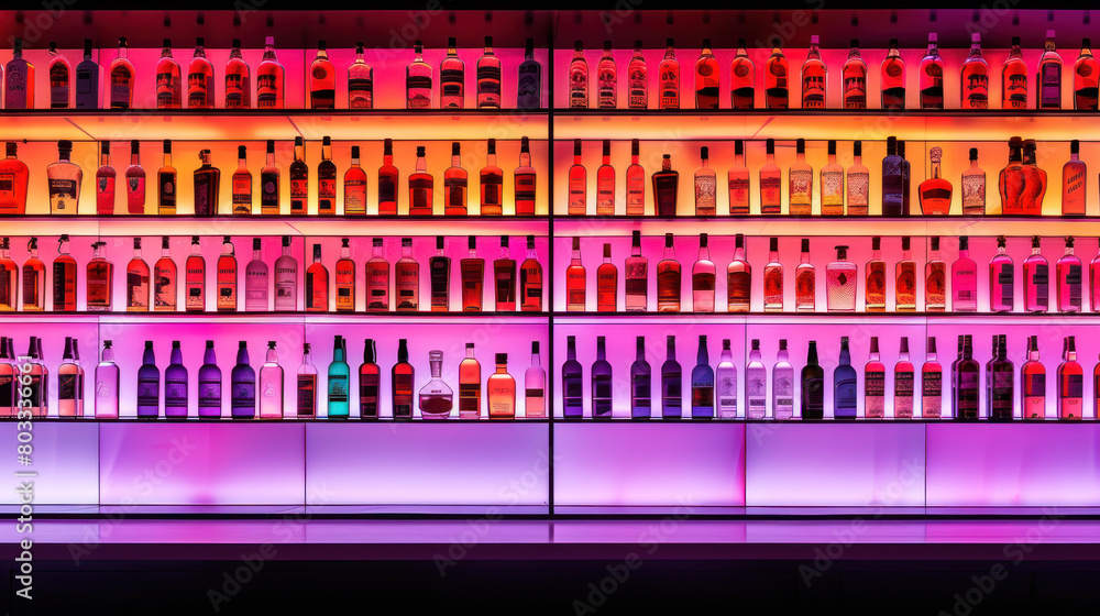 Neon-colored bottles of alcohol in bar, restaurant or liquor store