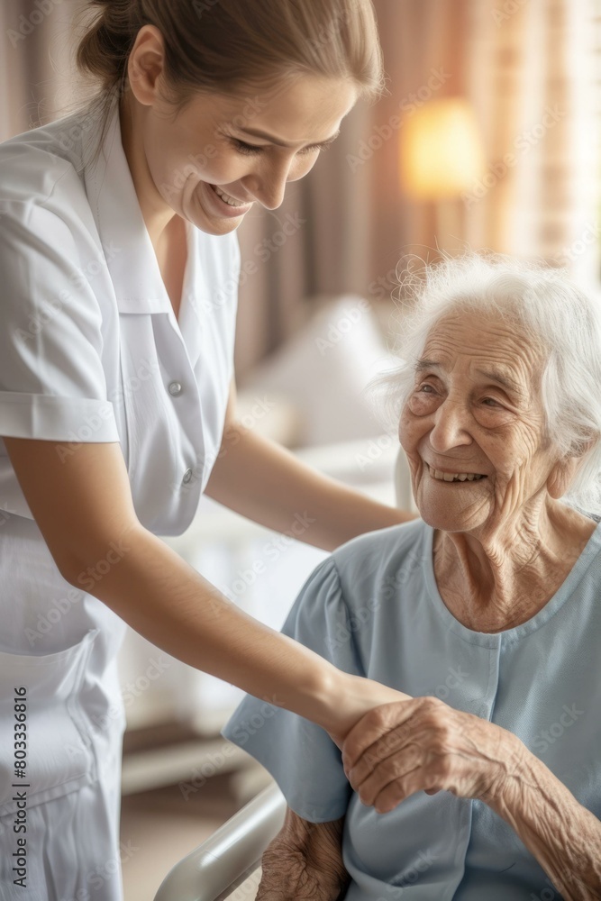 Obraz premium Smiling nurse holding hands with elderly woman