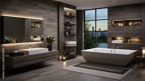 Bathroom interior with dark wood walls and white bathtub