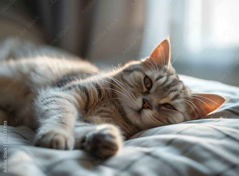A cute tabby cat is lying on a bed and looking at the camera