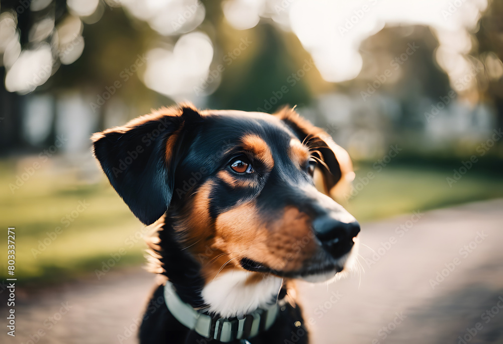 Close-up of a black and tan dog with a focused expression, wearing a collar, in a sunlit park setting. International Dog Day.