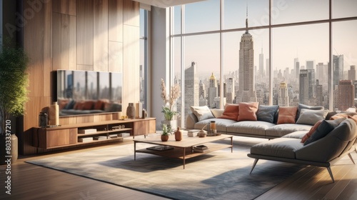 Modern living room interior design with city view