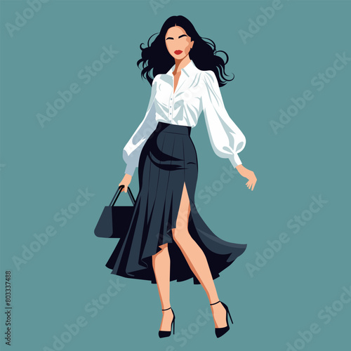 Vector flat fashion illustration of a young successful woman wearing an elegant white blouse and black skirt with a high waist and a slit on the leg.
