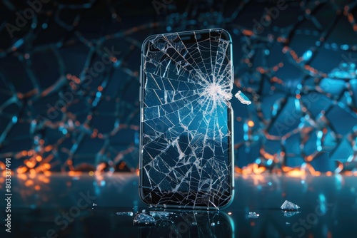 Broken Phone Screen A shattered phone screen with spiderweb cracks, symbolizing a valuable device damaged beyond repair
