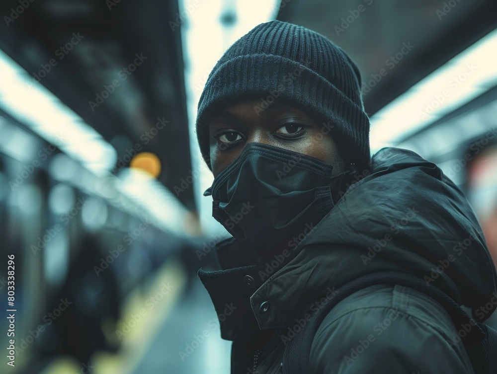 A young man wearing a mask is looking at the camera. A young man wearing a mask is looking at the camera.